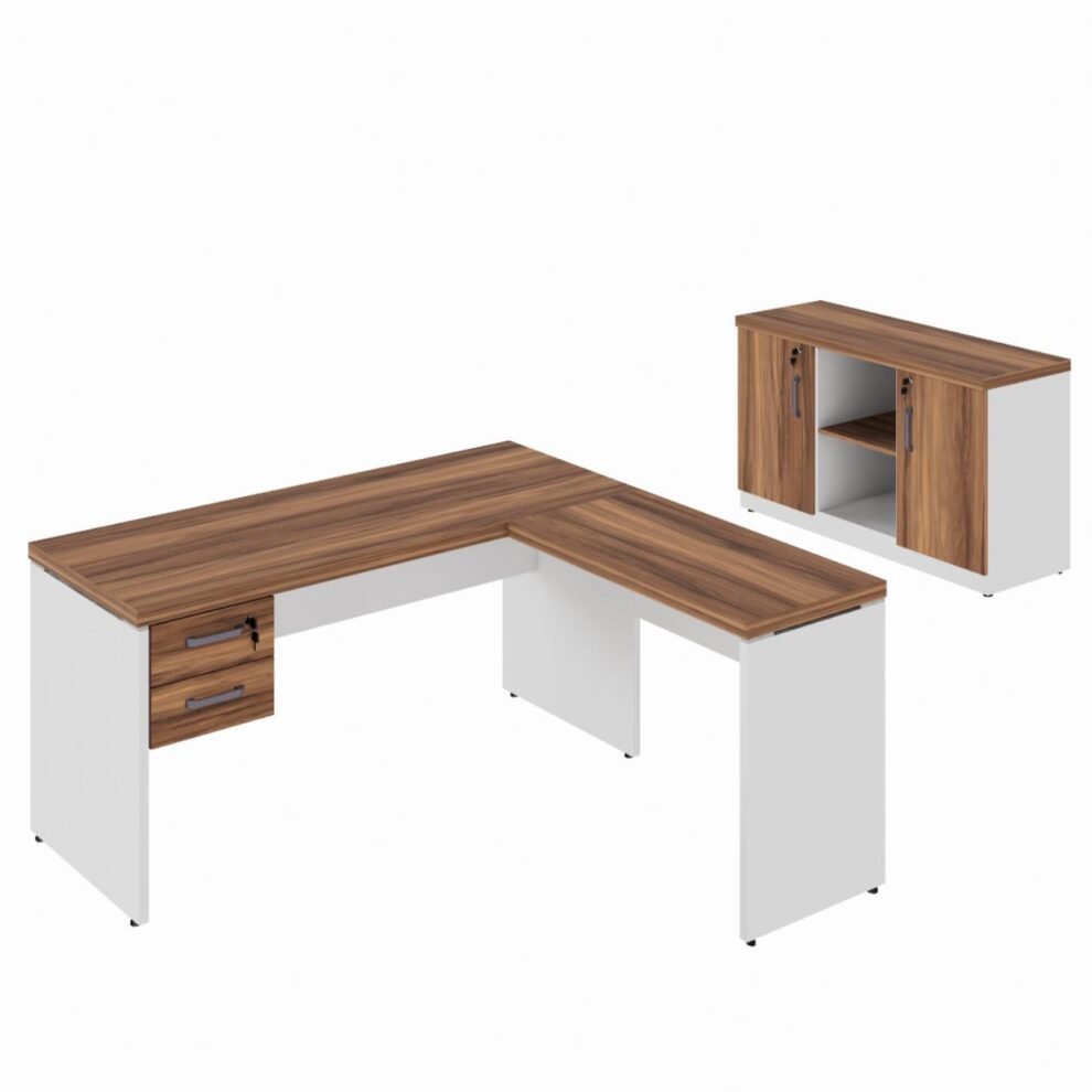 Kit Mesa Escritório em “L” c/ Gavetas + Armário Baixo Credenza – WORKSTART – NOGAL SEVILHABRANCO – 34336