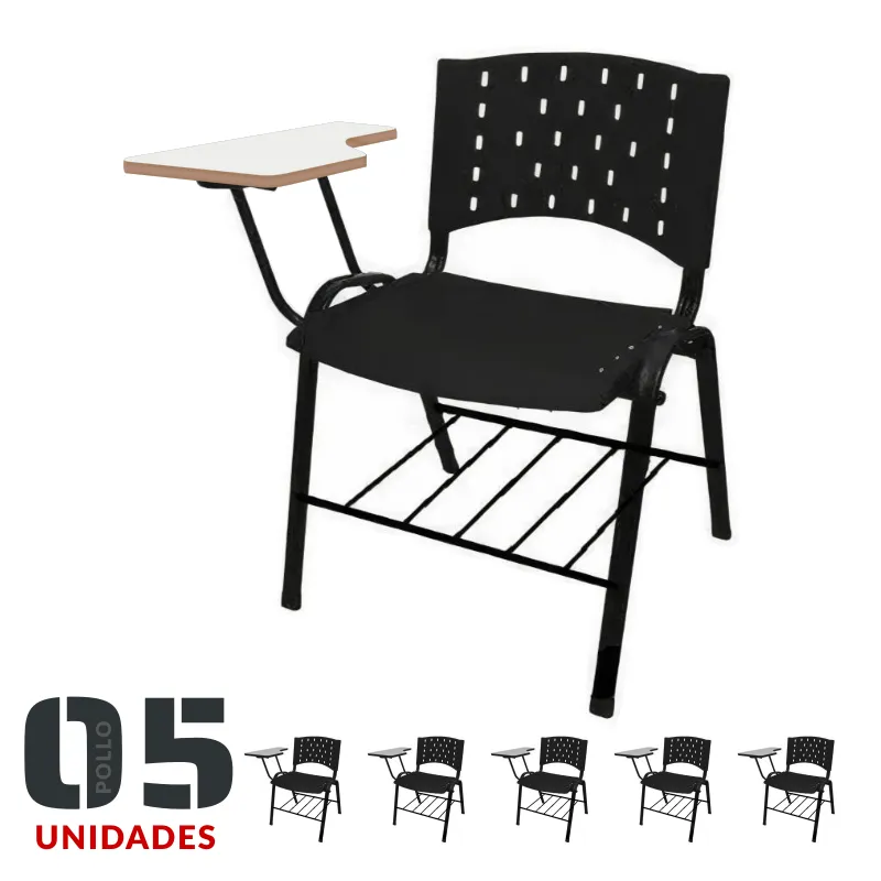 KIT 05 Cadeiras Universitárias c/ porta livros REALPLAST – Cor Preto 33013