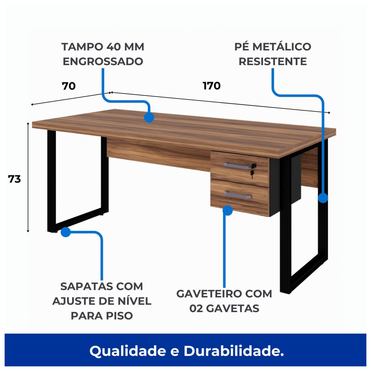 Mesa Escritório PÉ QUADRO 1,70×0,70m – C Gavetas – NOGAL SEVILHAPRETO – 24475 — foto 4