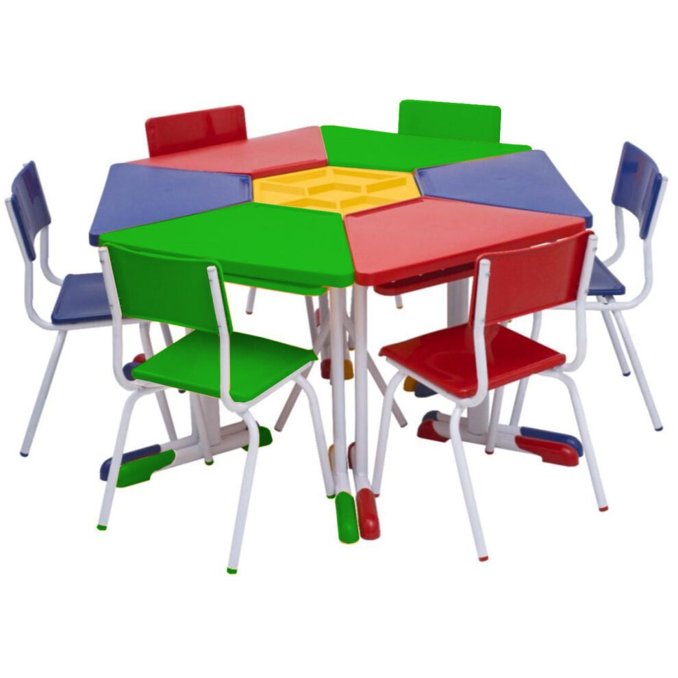 Conjunto HEXAGONAL Mesas e Cadeiras – 02 A 06 anos – INFANTIL – PMD – REALPLAST- 42011