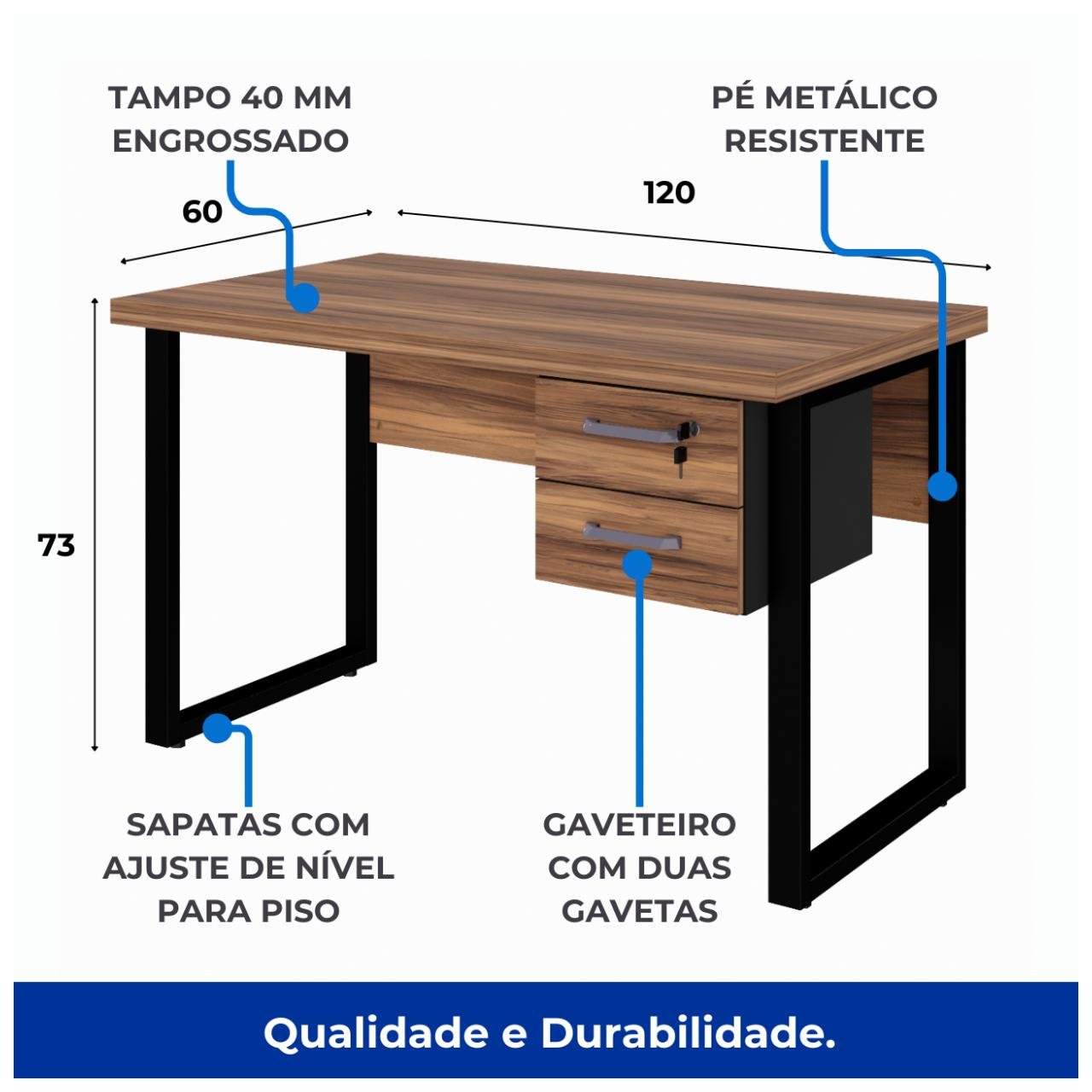 Mesa Escritório PÉ QUADRO – 1,20×0,60m – C Gavetas – NOGAL SEVILHAPRETO – 24471 — foto 5