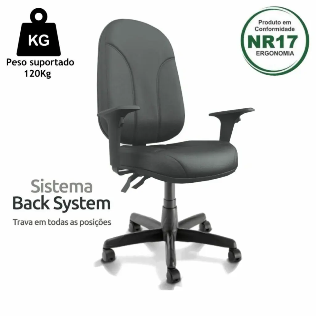 Cadeira Presidente PLUS BACK SYSTEM Baixa Costurada c Braços Reguláveis – Corino Preto 32974