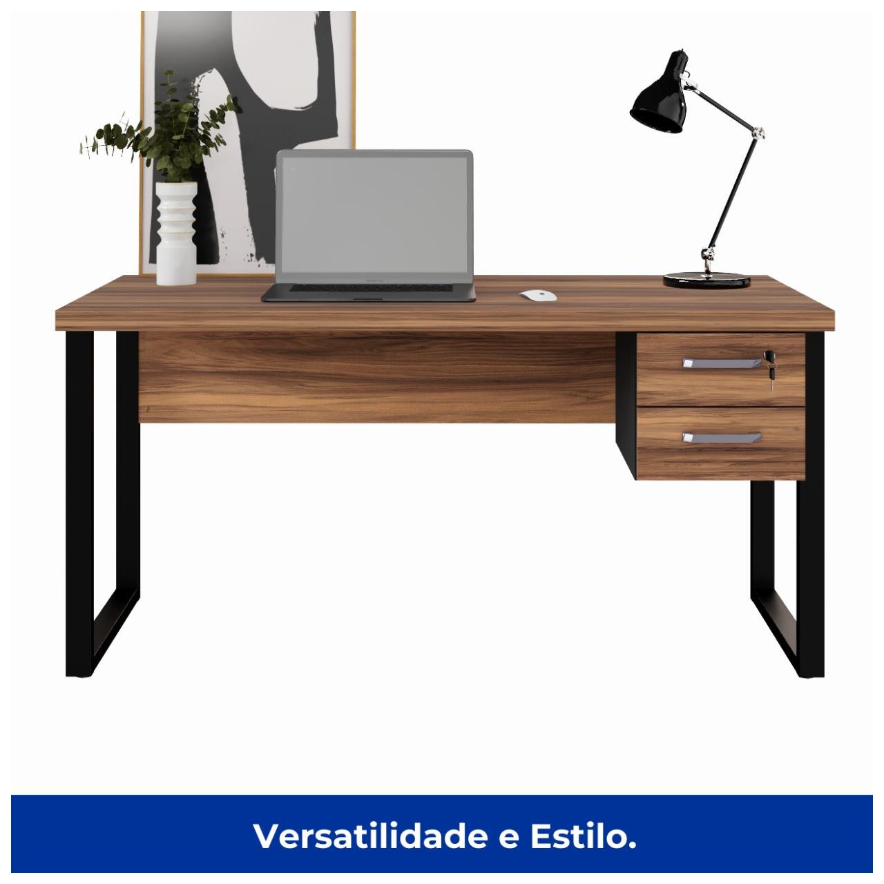 Mesa Escritório PÉ QUADRO 1,50×0,60m – C/ Gavetas – NOGAL SEVILHA/PRETO – 24473 — foto 5