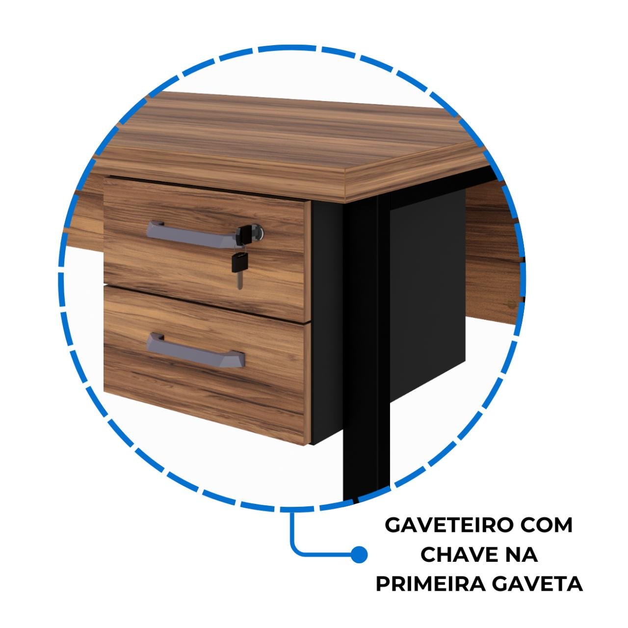 Mesa Escritório PÉ QUADRO 1,50×0,60m – C/ Gavetas – NOGAL SEVILHA/PRETO – 24473 — foto 6