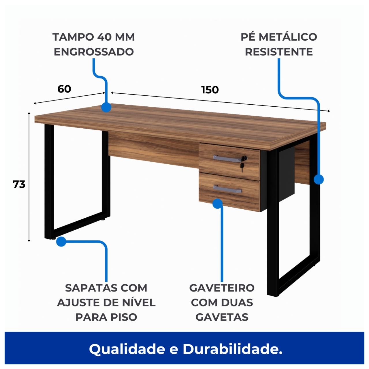 Mesa Escritório PÉ QUADRO 1,50×0,60m – C/ Gavetas – NOGAL SEVILHA/PRETO – 24473 — foto 8