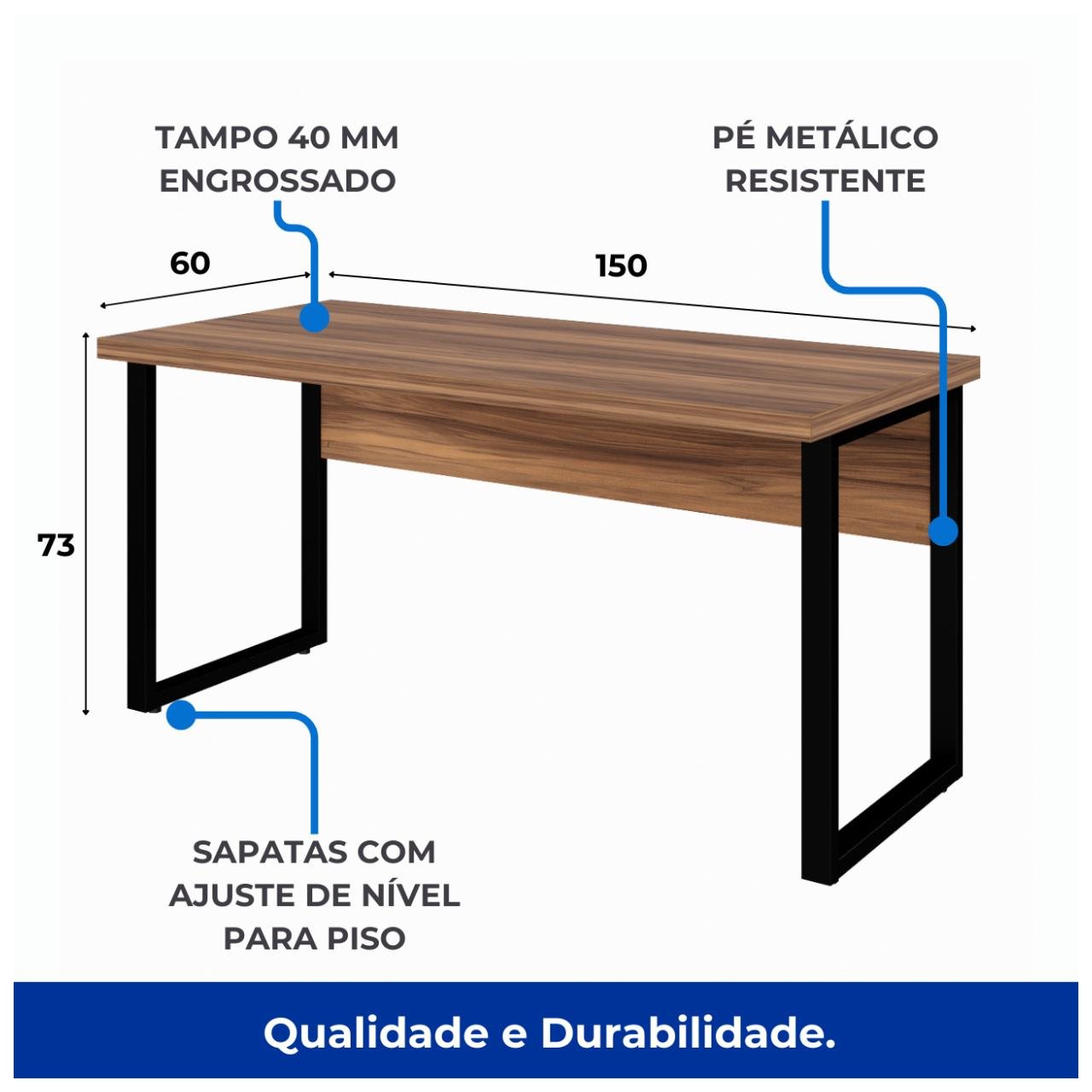 Mesa Escritório PÉ QUADRO 1,50×0,60m -S/ Gavetas – NOGAL SEVILHA/PRETO – 24472 — foto 3