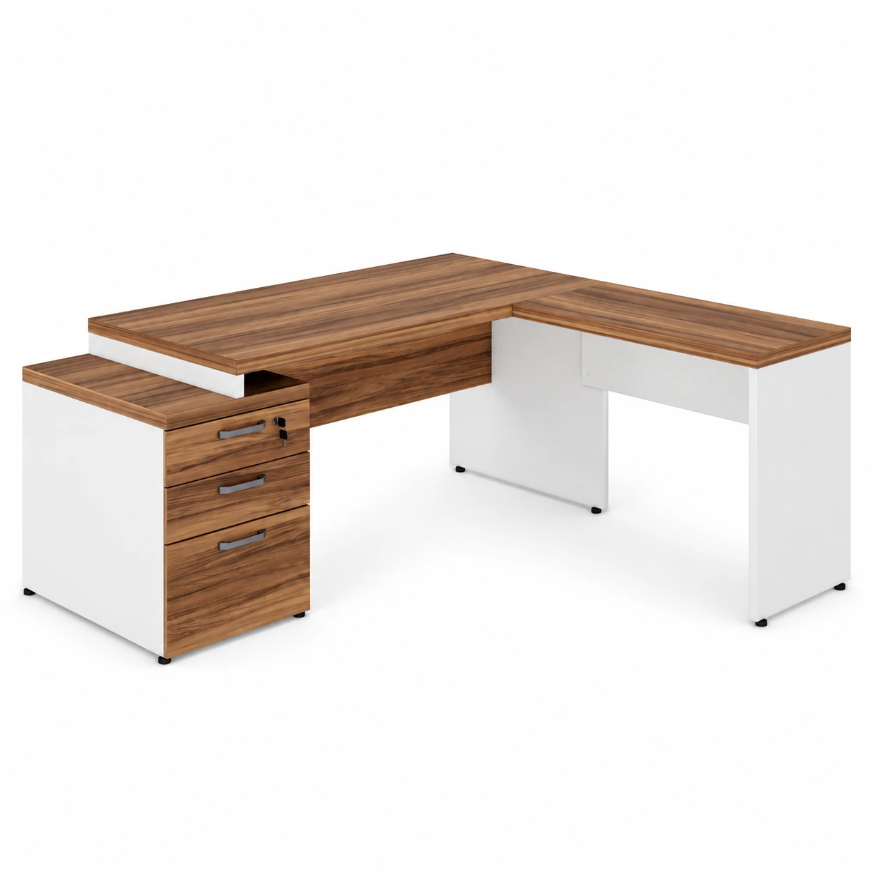 Mesa para Escritório em “L” com Gavetão – 1,92X1,60m -NOGAL SEVILHA/BRANCO – 34431