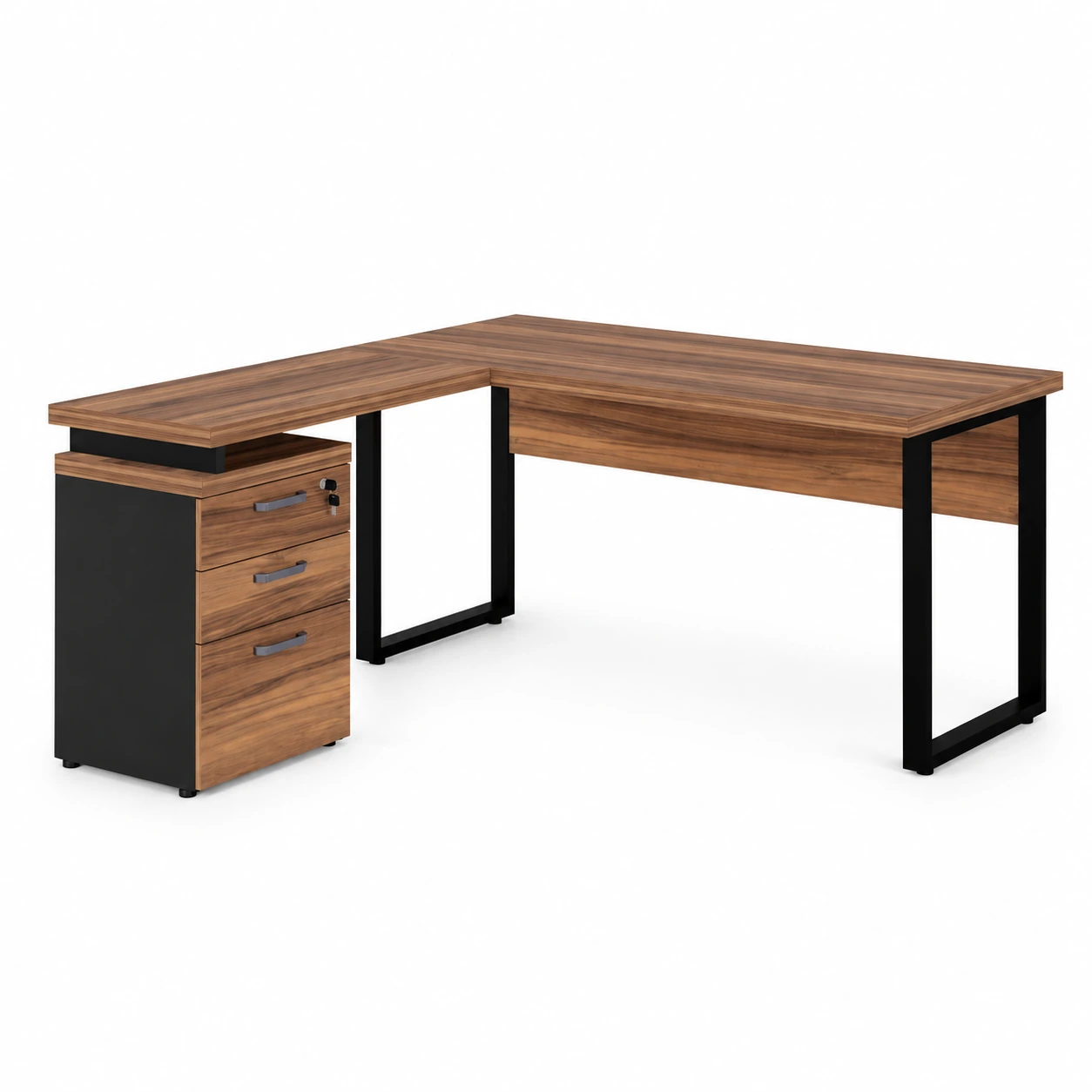 Mesa Escritório em “L” c/ Gaveteiro 1,70×1,60m NOGAL SEVILHA/PRETO – 24481