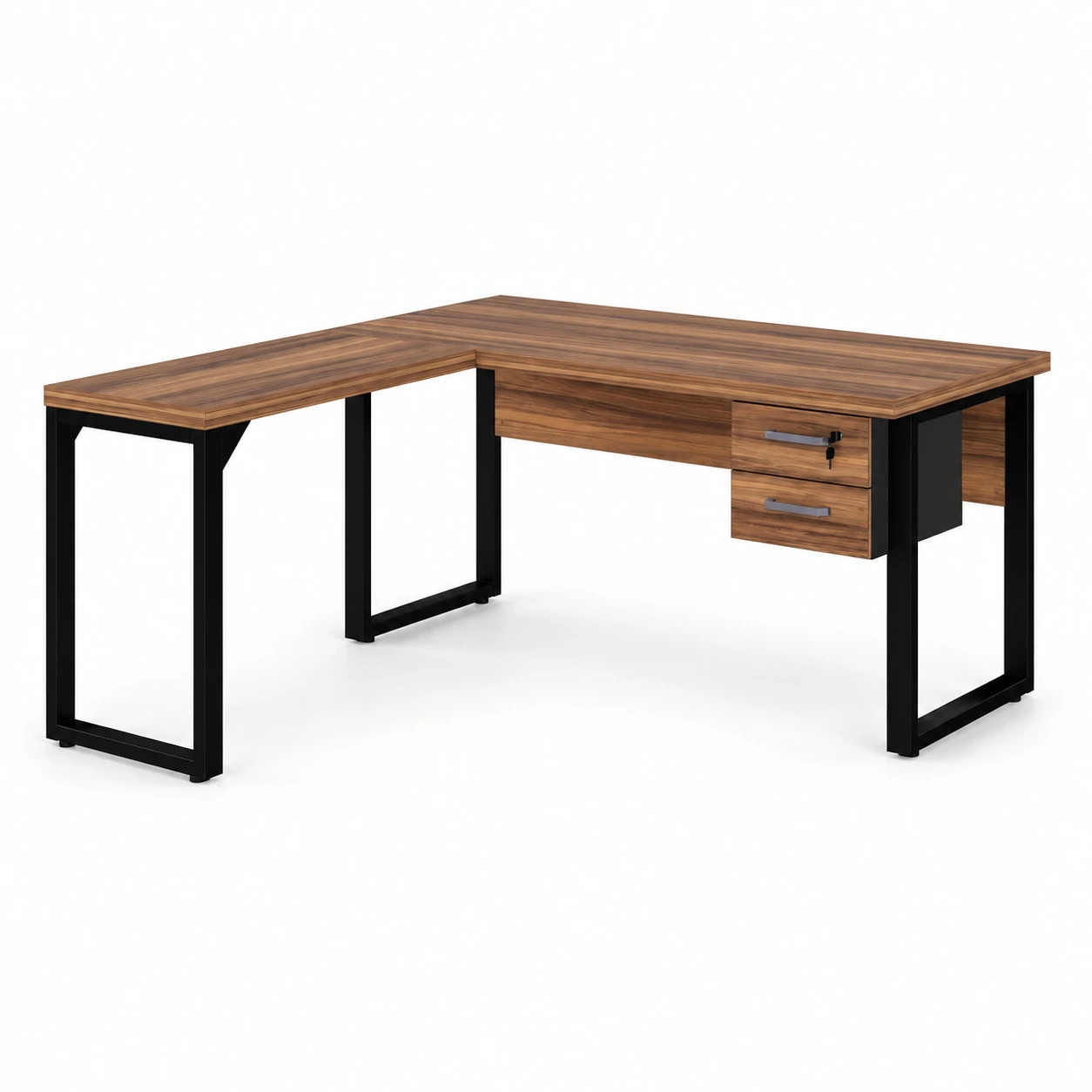 Mesa em L PÉ QUADRO (Mesa 1,70m + Mesa Auxiliar) – C/ Gavetas NOGAL SEVILHA/PRETO – 24479