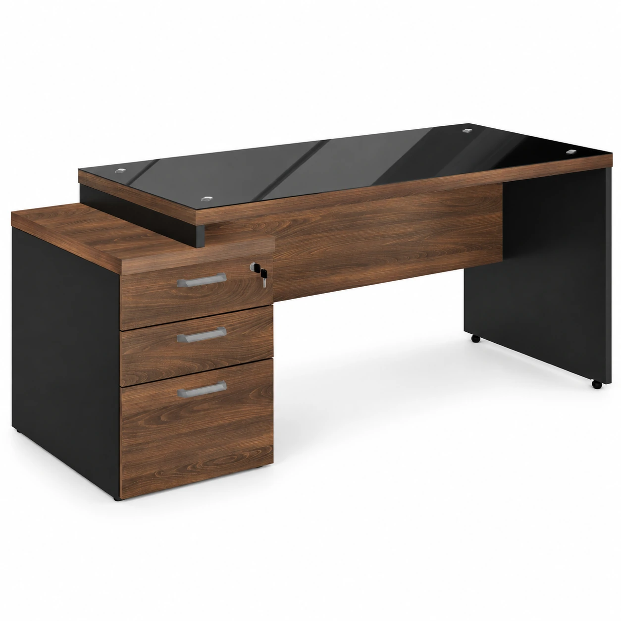 Mesa Reta Pedestal 40mm com tampo em madeira e acabamento de vidro – MP-02