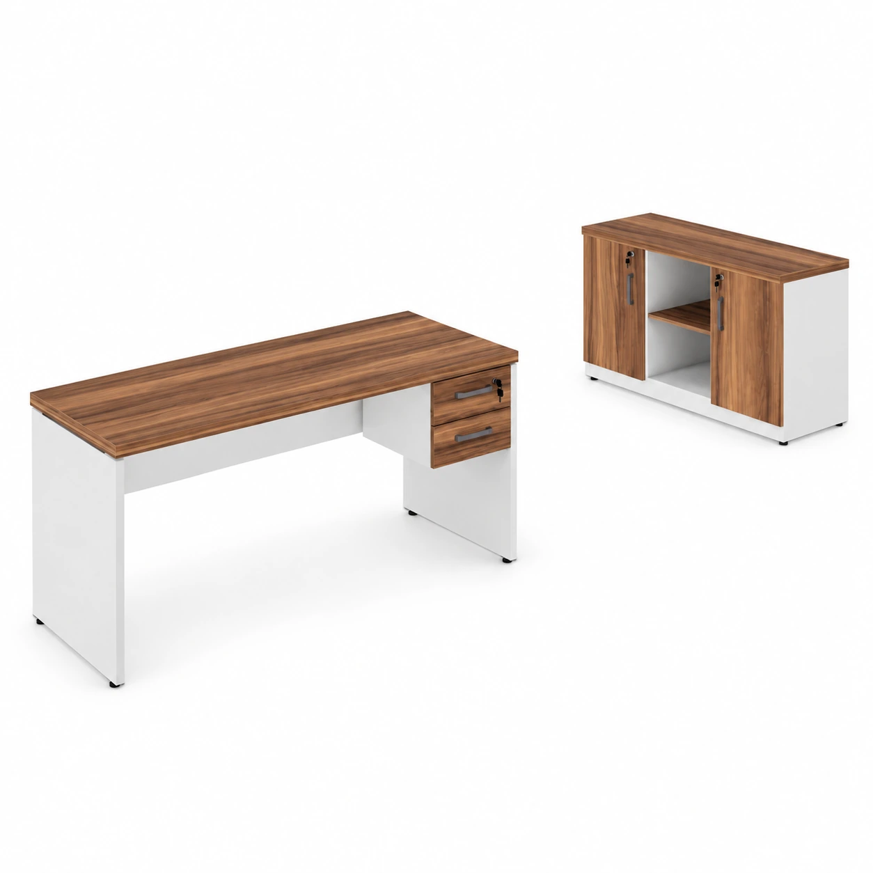 Kit Mesa Escritório  c/ Gavetas + Armário Baixo Credenza – WORKSTART – NOGAL SEVILHA/BRANCO – 34333